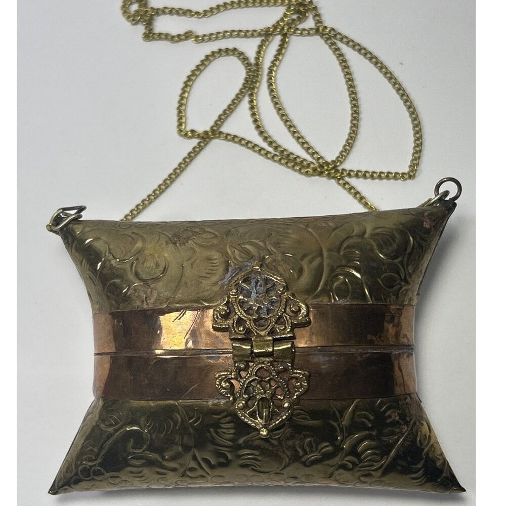 Antique Pillow Purse 1920 1930s Brass Copper Art Deco Metal Handbag Clutch Chain